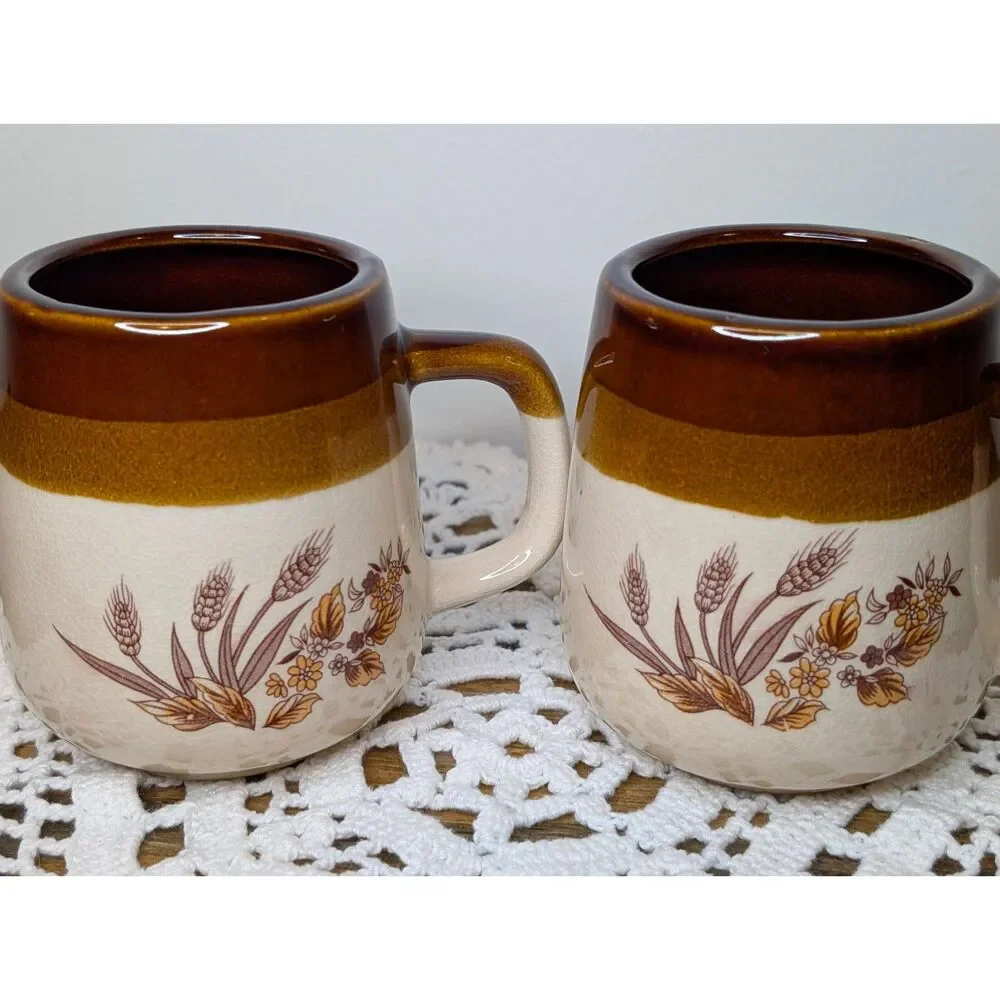 Vintage Autumn Wheat & Floral Stoneware Coffee Mugs Set of 2